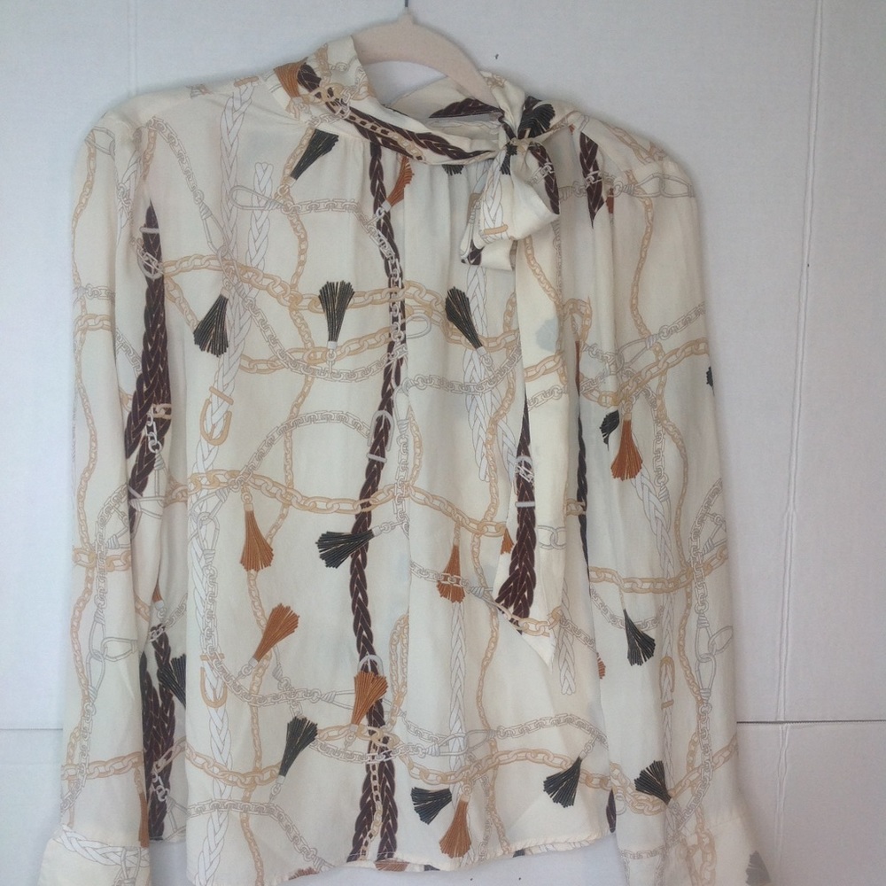 Bow Tie Cream Tassel Blouse Silk Nine West Chain